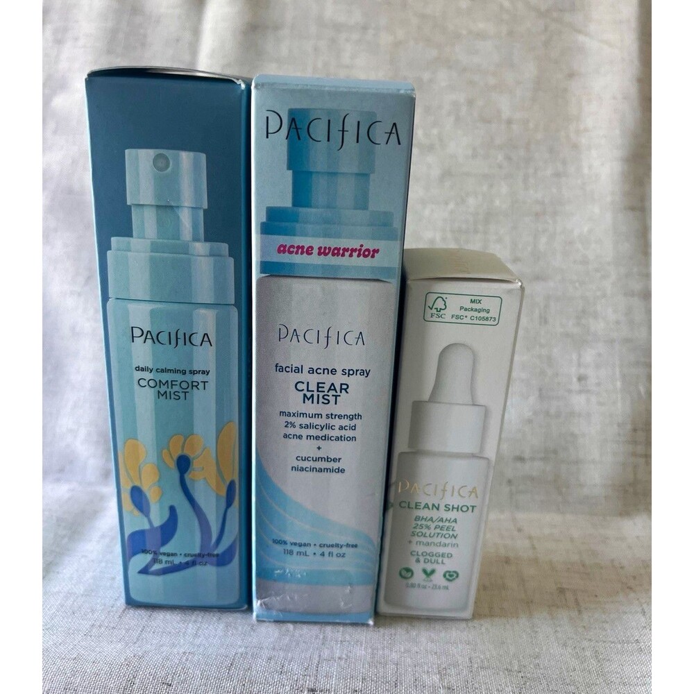 LOT OF 3 Pacifica Skincare Comfort Mist + Acne Clear Mist+BHA AHA Peel Solution